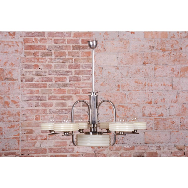 Bauhaus Chandelier in Nickel-Plated Steel and Opaline Glass, Czech, 1920s For Sale - Image 10 of 14