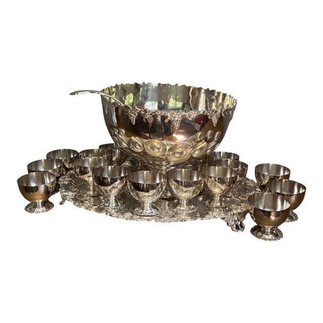 Vintage 11.50 Inches Bunch Bowl and 18 Cups For Sale