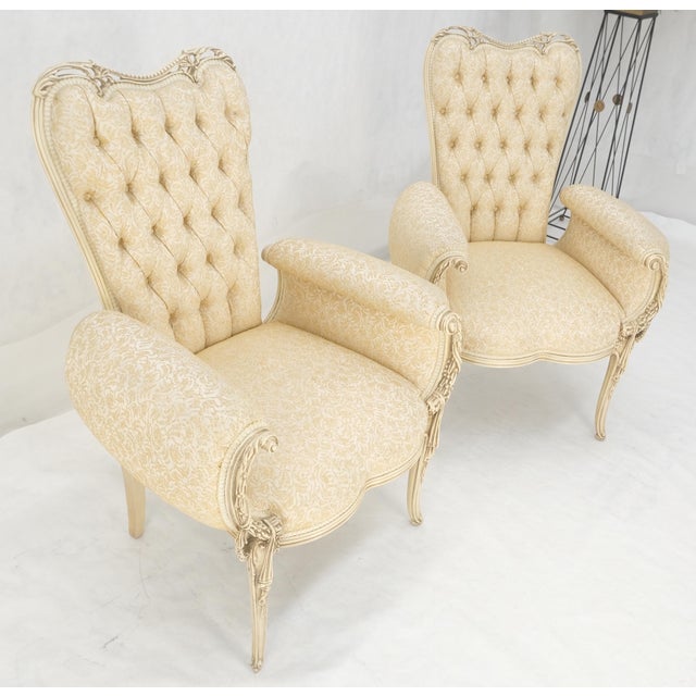 Pair Rococò Louis XVI Style Tufted Pierce Carved Backs Off White Fireside Chairs For Sale - Image 11 of 12
