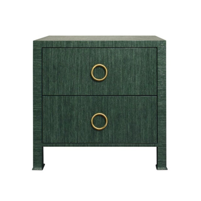 2020s Matthew Izzo Home Edelman Green Grasscloth Two Drawer Side Table With Antique Brass Hardware For Sale - Image 5 of 5
