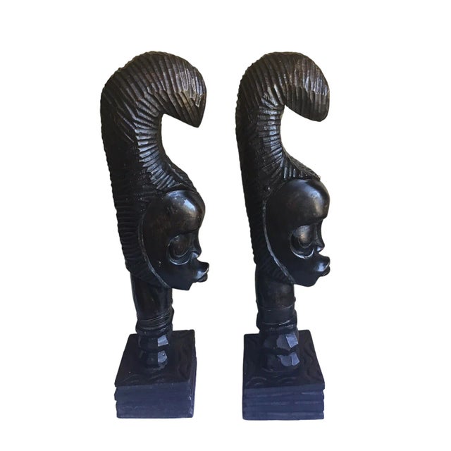 Black Late 20th Century Vintage Pair of Genuine Authentic African Ebonywood Hand-Carved Tribal Bust Statues For Sale - Image 8 of 8