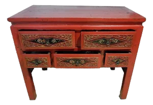 Vintage Chinoiserie Red Lacquer Console Table