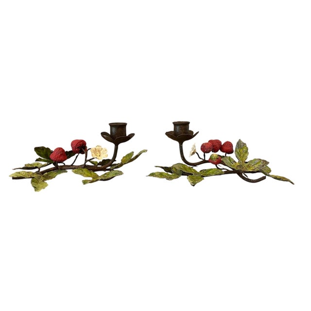 Green Vintage Italian Hand Painted Tole Strawberry Candle Holders / Botanical Floral Candlesticks, a Pair For Sale - Image 8 of 9