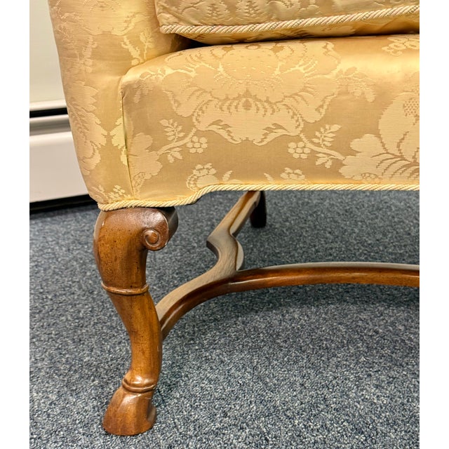 Champagne Mid 20th Century Damask Upholstered Oversized Chair / Petite Settee For Sale - Image 8 of 12
