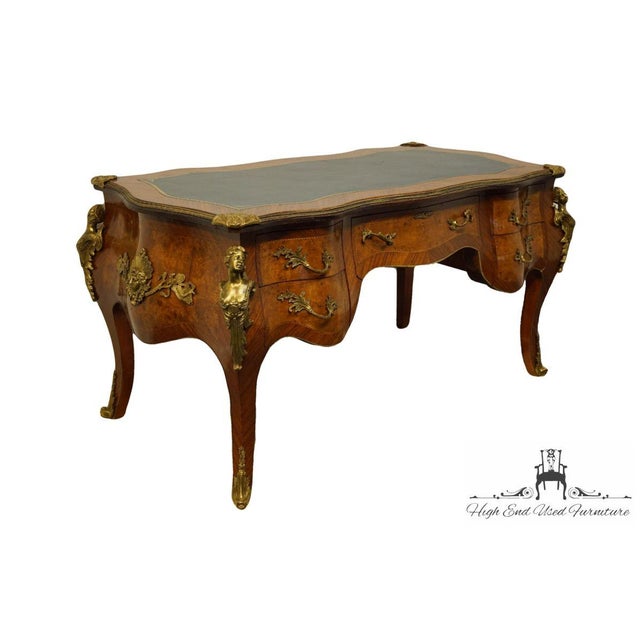 Vintage French Provincial Louis XV Burled Walnut & Kingwood Bureau Plat / Executive Desk W. Tooled Leather Top & Gilt Figural Mounts For Sale In Kansas City - Image 6 of 11