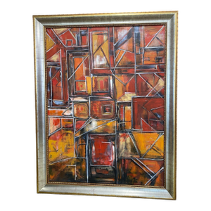 Acrylic on Canvas Abstract Signed Yjr 54.5" H "Les Fenêtres De Manhattan " in Vintage Frame