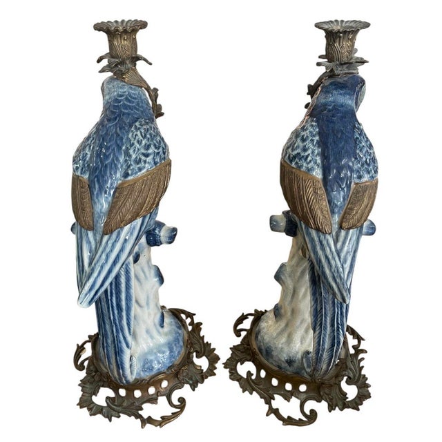 2000 - 2009 A Pair of Vintage Hollywood Regency Style Blue & White Ceramic Parrot Candle Holders For Sale - Image 5 of 12