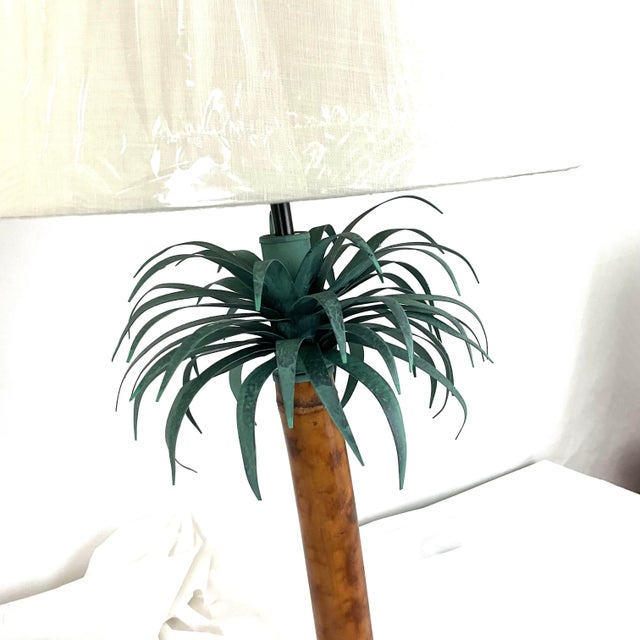 Natural Bamboo and Verde Metal Palm Table Lamps With Shades For Sale - Image 10 of 13
