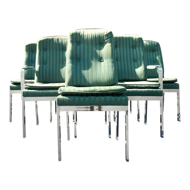 Set of Six Mid Century Modern Dining Chairs With Pair of Armchairs | Chrome + Upholstery in the Style of Milo Baughman For Sale