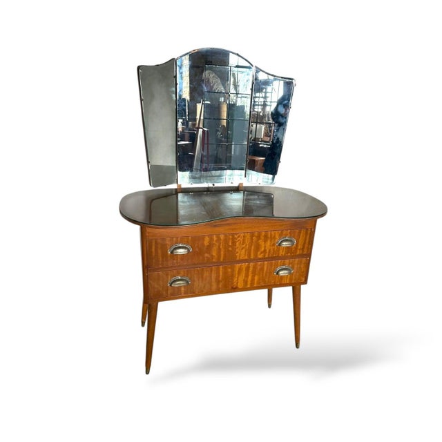 Vintage Walnut Dressing Table with Tri-Fold Mirror For Sale - Image 3 of 7