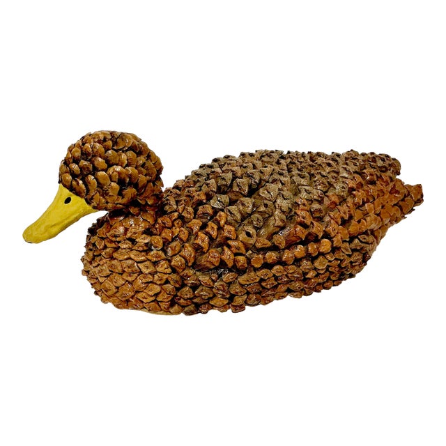 1950s Arts & Crafts Boho Chic Adirondack Pine Cone & Paper Mache’ Duck Figurine For Sale