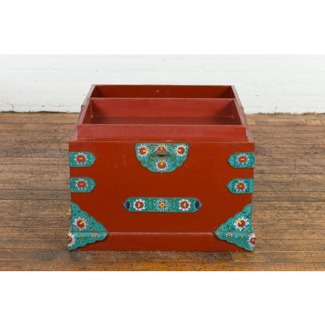Chinese Vintage Blanket Chest with Red Lacquer and Cloisonné Floral Décor For Sale - Image 4 of 13