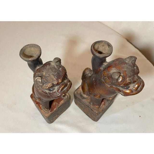 Asian Antique Handmade Late Ming Dynasty 1600's Pottery Foo Lion Oil Lamps Sculptures For Sale - Image 3 of 13