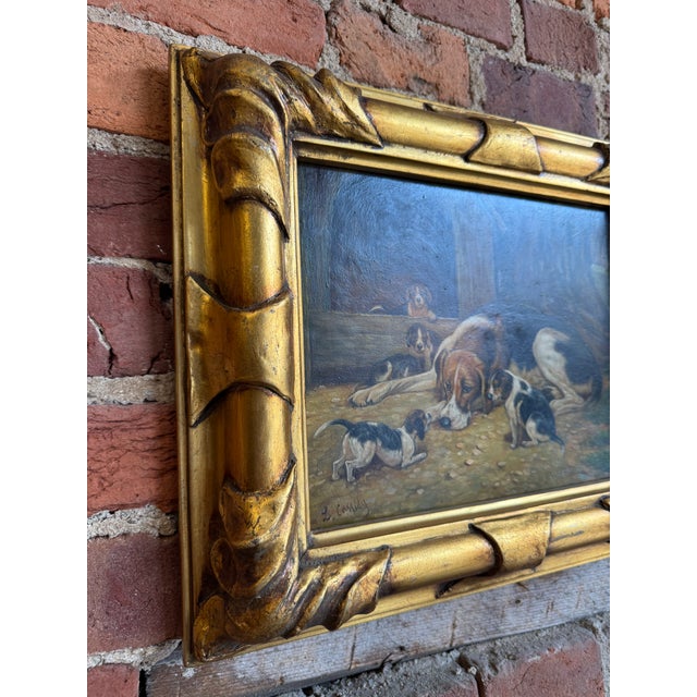 Antique Oil Painting on Board Hound Dog With Puppies For Sale In Pittsburgh - Image 6 of 12