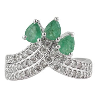 Victorian Inspired Certified 1.14 Ct Pear Cut Emerald & Diamond Crown Cocktail Ring Size 8 For Sale