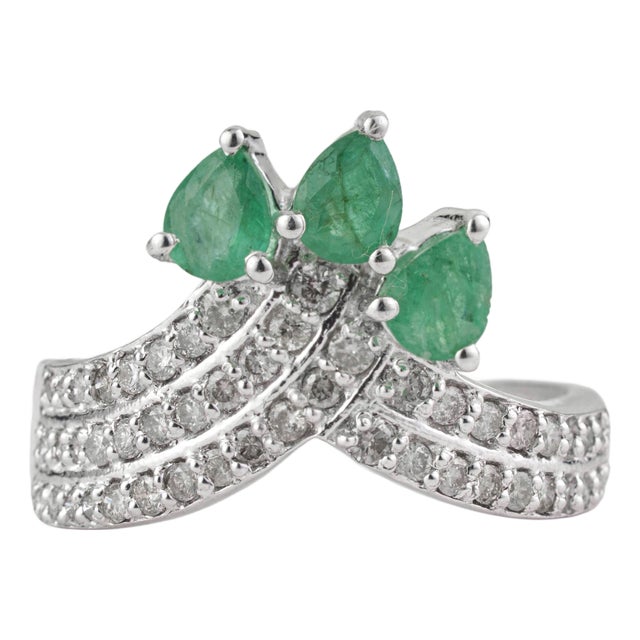 Victorian Inspired Certified 1.14 Ct Pear Cut Emerald & Diamond Crown Cocktail Ring Size 8 For Sale