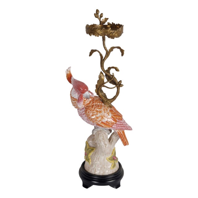 Coral Colored Porcelain and Bronze Parrot Candlestick by Gand & C For Sale