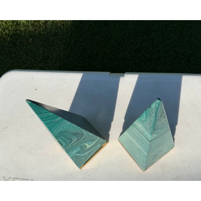 Jade Vintage Faux Malachite Obelisk Sculptures With Brass Bases, Pair For Sale - Image 8 of 12