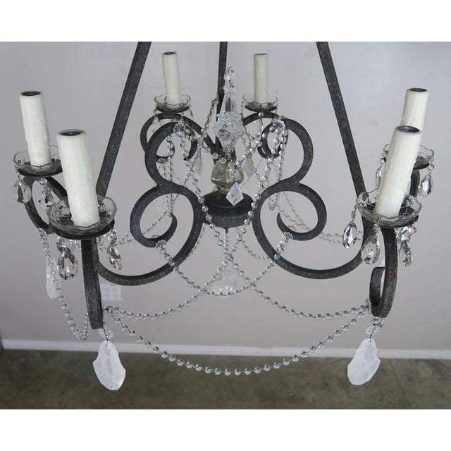 Mid 20th Century Six-Light Rock Crystal Wrought Iron Chandelier For Sale In Los Angeles - Image 6 of 10