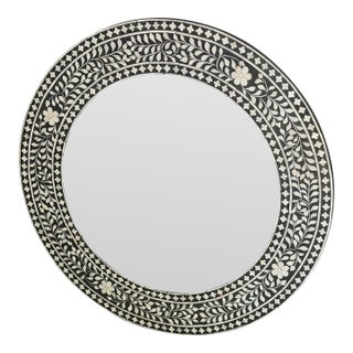 Aditya Handicrafts 32.75” Black & White Bone Inlay Floral Round Mirror, India, 2021 For Sale