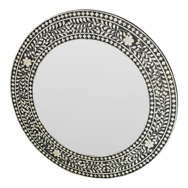 Aditya Handicrafts 32.75” Black & White Bone Inlay Floral Round Mirror, India, 2021 For Sale