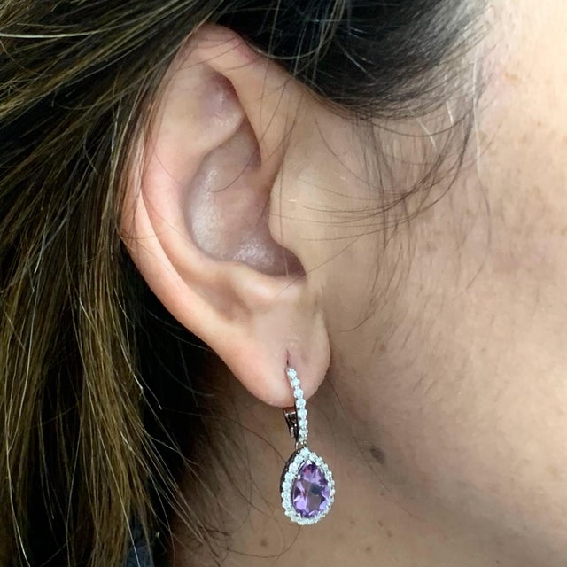 Traditional Natural Amethyst Diamond Earrings 14k Gold 4.25 Tcw Certified For Sale - Image 3 of 11