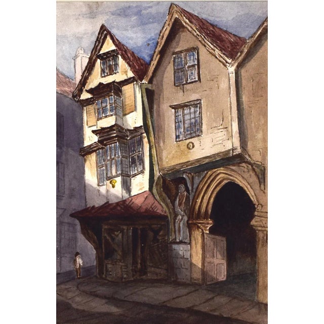 Late 19th Century Antique English Watercolor Painting of Tudor House Cityscape Late 19th Century For Sale - Image 5 of 8