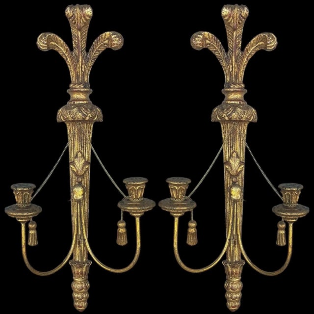 Large Scale Italian Regency Style Giltwood Sconces - Tassels / Feathers - Pair For Sale - Image 4 of 7