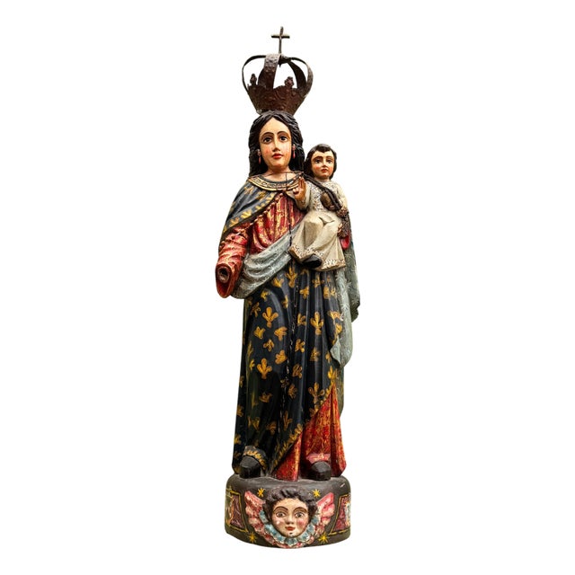 Virgin and Child in Polychrome Wood For Sale
