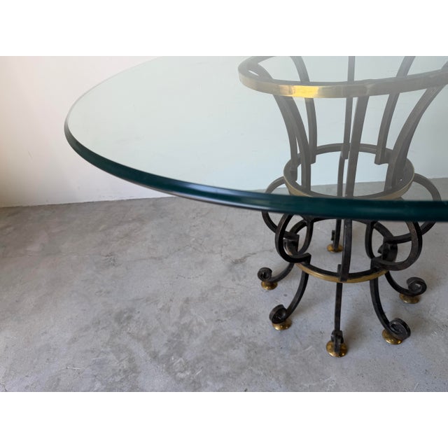 Metal Vintage Hand-Forged Wrought Iron and Brass Dining Table Base With Beveled Glass Top – Indoor / Outdoor For Sale - Image 7 of 12