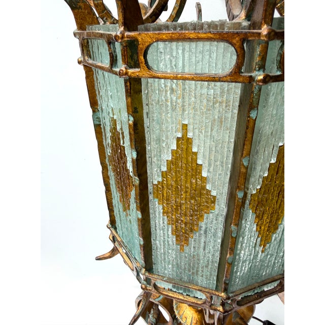 Copper Large Hammered Glass Wrought Iron Lantern Lamp by Longobard, Italy, 1970s For Sale - Image 8 of 13