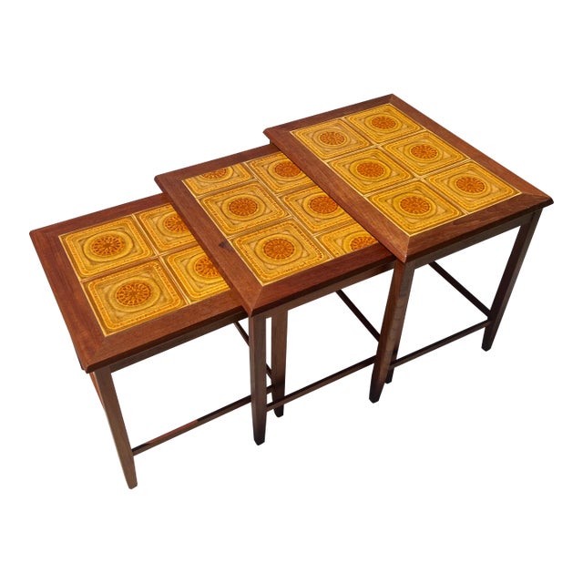 1970s Toften Denmark Teak and Sunburst Tile Nesting Table, Vintage Mid-Century Modern - Set of 3 For Sale