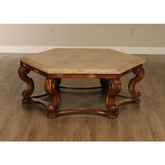 High Quality Coffee Table Featuring A Hexagonal Travertine Top Above A Carved Wood Base. Designed In The Neoclassical...