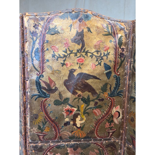 Wood Antique 19th Century Painted Leather Folding Screen For Sale - Image 7 of 18