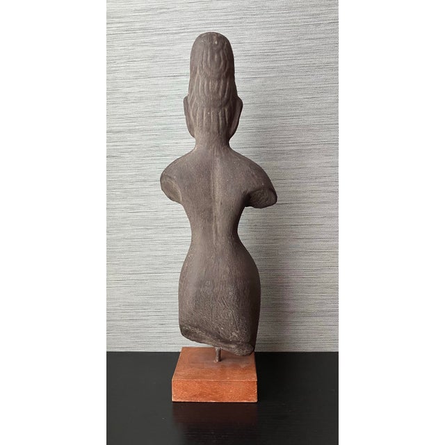 1920s Antique Khmer Sandstone Female Deity Figure on a Wooden Base, 20" T For Sale - Image 5 of 12