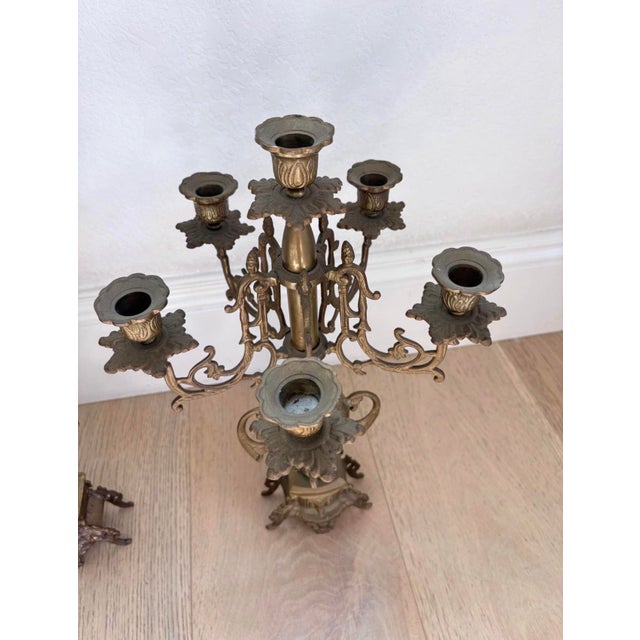 Mid 20th Century Pair of Vintage Rococo Revival 6-Light Brass-Tone Candelabra, 19” For Sale - Image 5 of 10