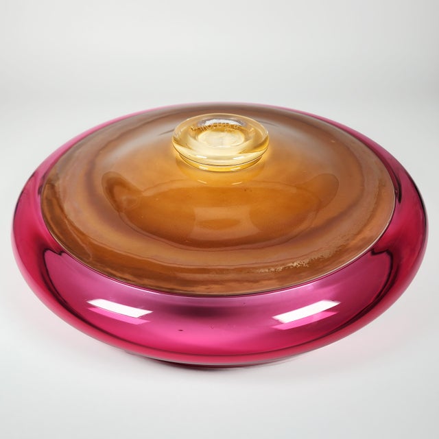 Large Art Glass Footed Bowl Michael Mortara Mirage Series Ruby Swirl VTG 2002 For Sale - Image 10 of 14