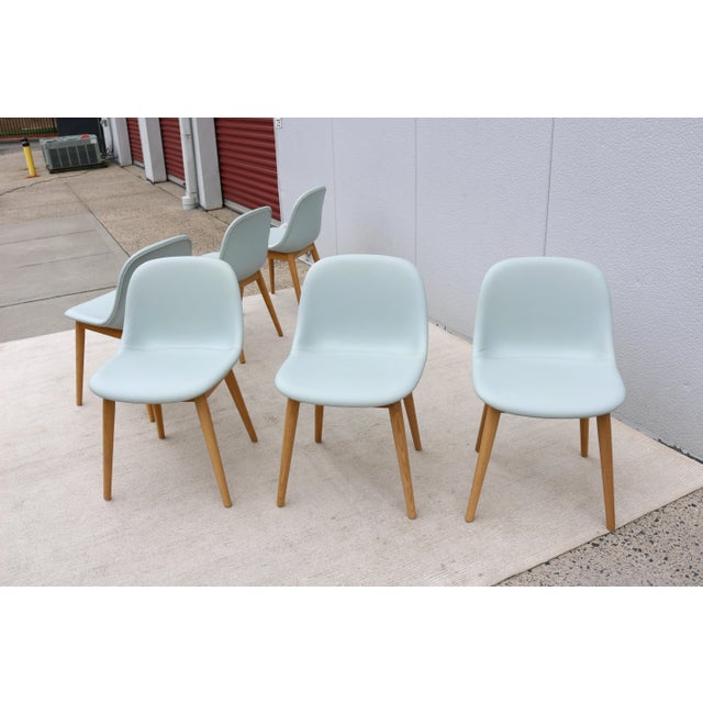 Danish Iskos-Berlin for Muuto Blue Leather Fiber Side Chairs Wood Base, Set of 6 For Sale - Image 11 of 18