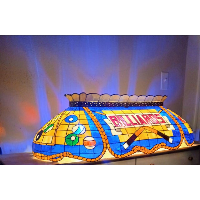 Verified RAM Game Room CF-50 “BILLIARDS” stained-glass pool table light in an uncommon blue/cream colorway. This is not...
