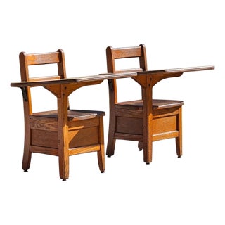 Antique Oak School Desk, Chair W/ Attached Desktop & Storage Compartment Underneath, Set of 2 For Sale