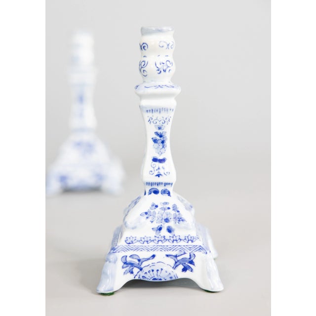 Delft Vintage Delft Style Floral Candlesticks - a Pair For Sale - Image 4 of 9
