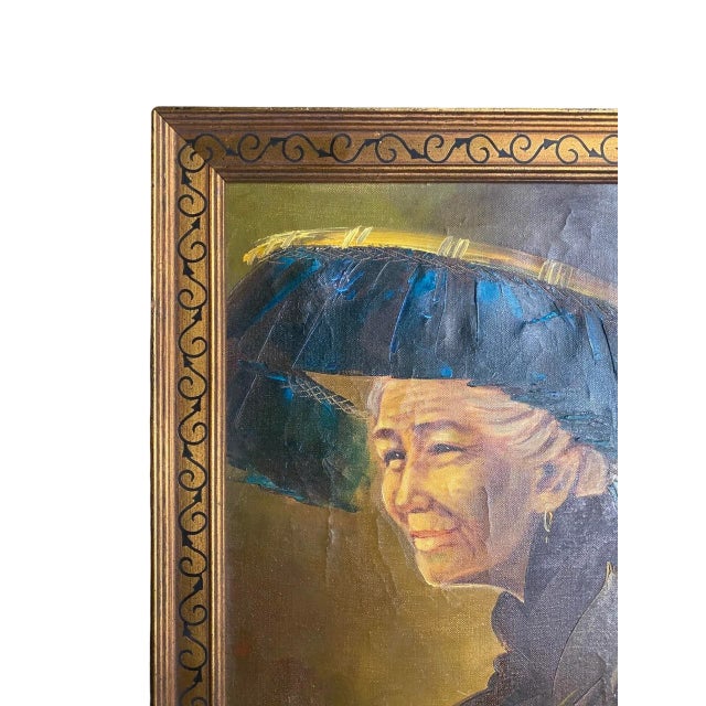Vintage Chinese Oil Painting on Board Portrait of a Woman in a Hat, Circa 1950 Signed Tom Wong. Made in Hing Kong. The...