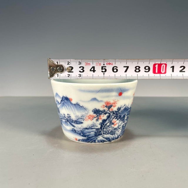 Late 20th Century Vintage Blue & White Underglaze Red Porcelain Teacup – Landscape Scene, Qianlong Mark For Sale - Image 5 of 9