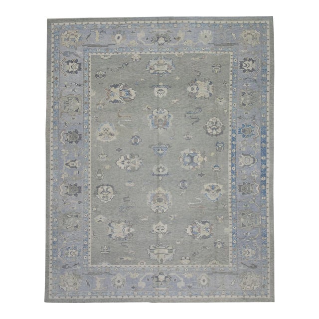 Early 21st Century Gray & Blue Handwoven Wool Turkish Oushak Rug – Floral Design, 8'10" X 11'10" For Sale