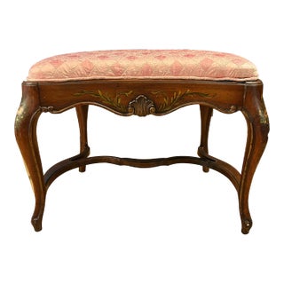 Antique Louis XV Kidney Shaped Carved Vanity Bench With Hand Painted Florals For Sale