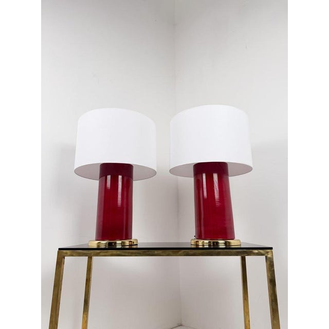 1970s Italian Ruby Red Glazed Ceramic and Brass Twin Table Lamps, 1970s, Set of 2 For Sale - Image 5 of 18