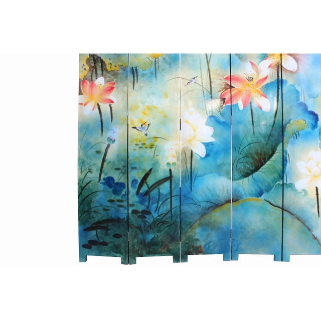 Wood Water Ink Style Blue Lotus Pond Flower Birds Theme Graphic Screen For Sale - Image 7 of 9