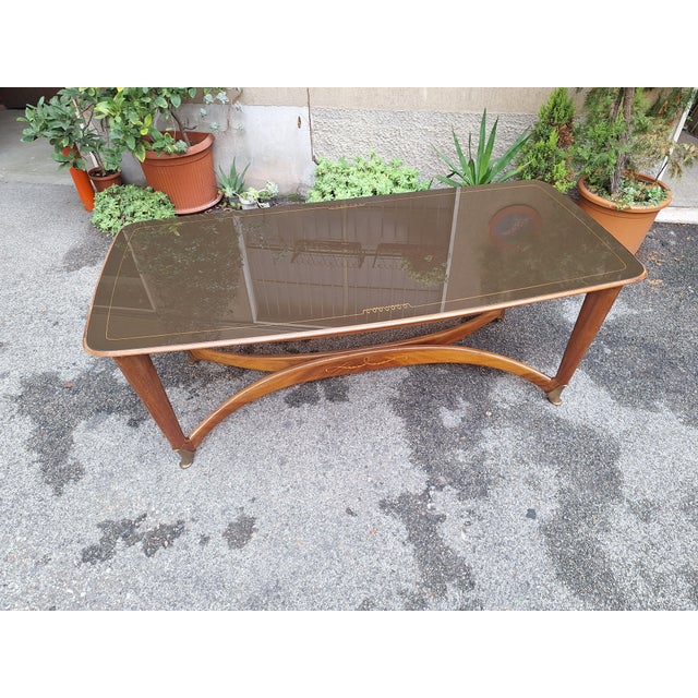 Wooden Palazzi Dell'Arte Esposizione Dining Table with Brass Ends and Burgundy Glass from La Permanente Mobili Cantù,...