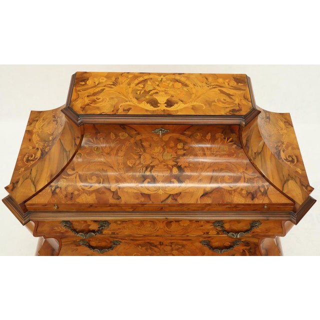Very fine Italian inlay bombe dresser. Olive wood, heavy carved claw feet, intricate inlay, drop front jewelry secretary...