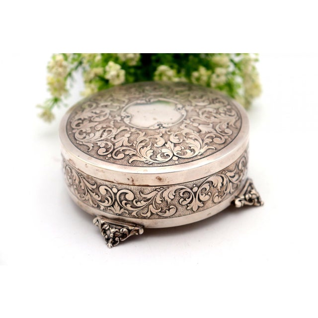 Circular Silver Box with Reliefs and Monogram Card For Sale - Image 3 of 5